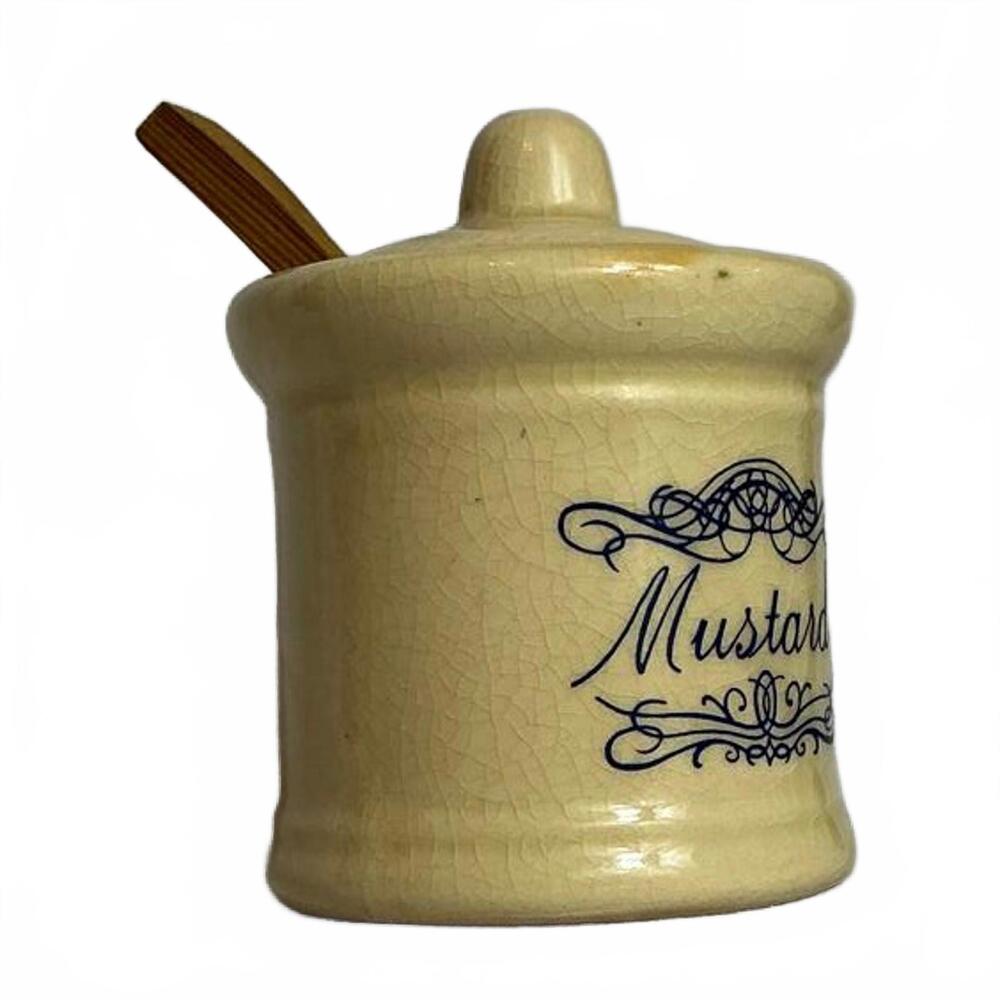Vintage Ceramic Mustard Pot with Wooden Spoon